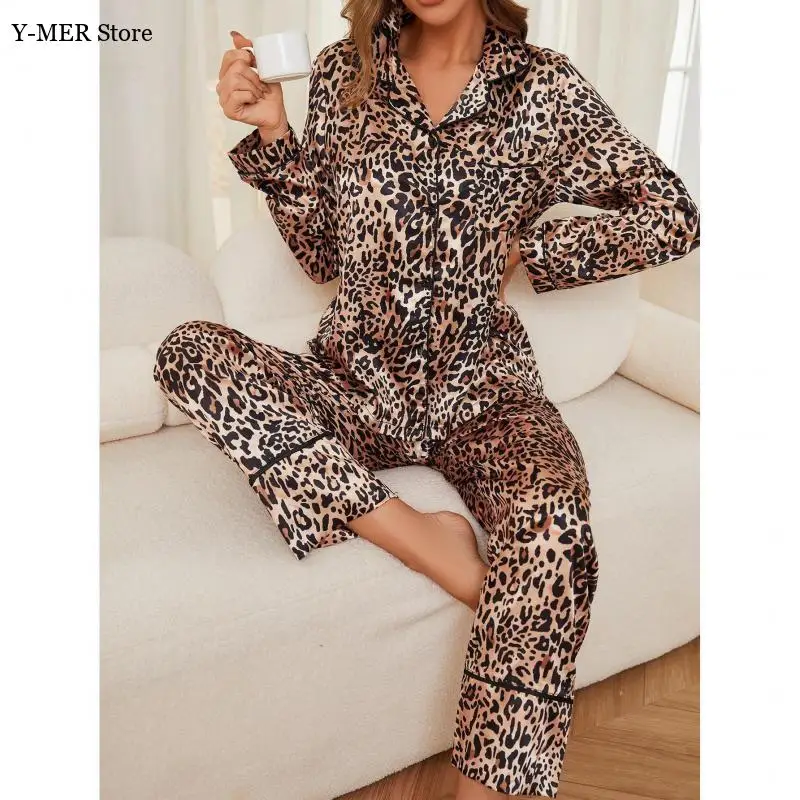 Conjunto de pijamas de leopardo de luxo 2 peças pijama de cetim de seda falsa pijamas femininos camisa de manga longa calças roupas para casa pijamas mujer pjs