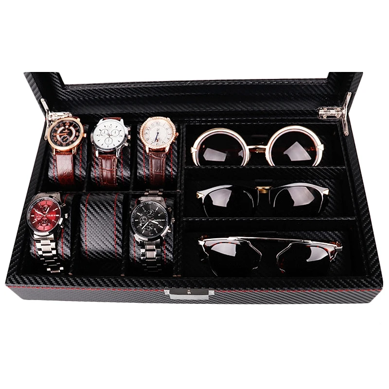 Watch Jewellery Display Storage Box Leather Sunglass Organizer Case Holder For 6 Watches And 3 Eyeglasses