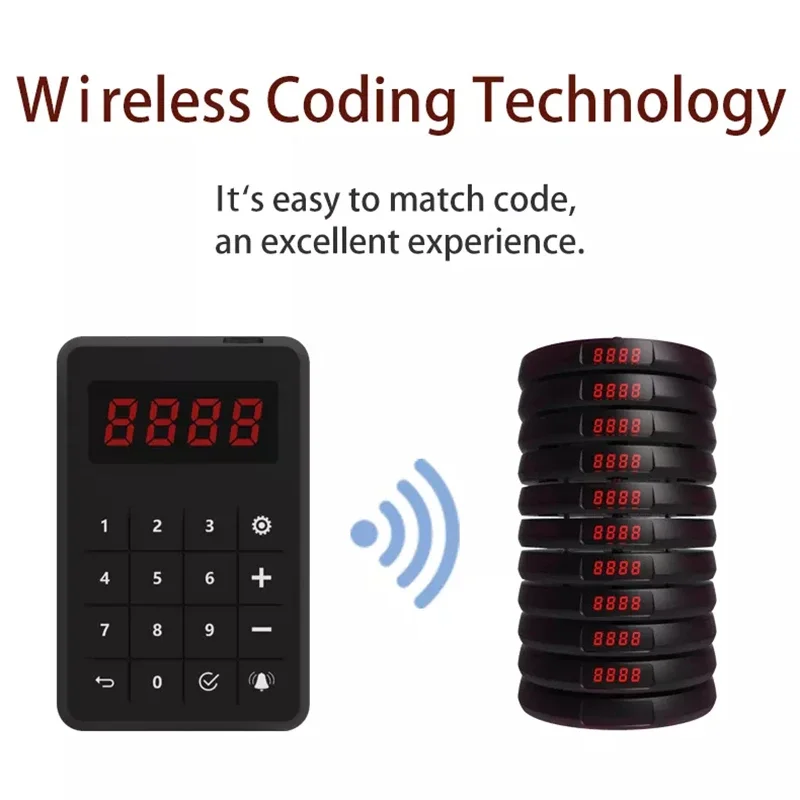 JT-935 Wireless Calling System Waterproof 10 Coaster Beepers Paging System Flashes Vibrating Restaurant Pager