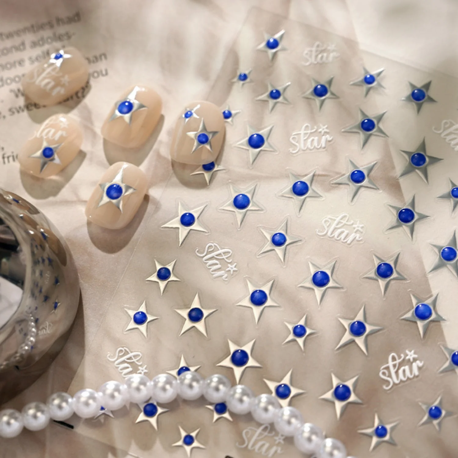 Fashion Minimalist Klein Blue Star 5D Nail Stickers Delicate Silver Line Four Pointed Star Printed Self Adhesive Nail Decal DIY