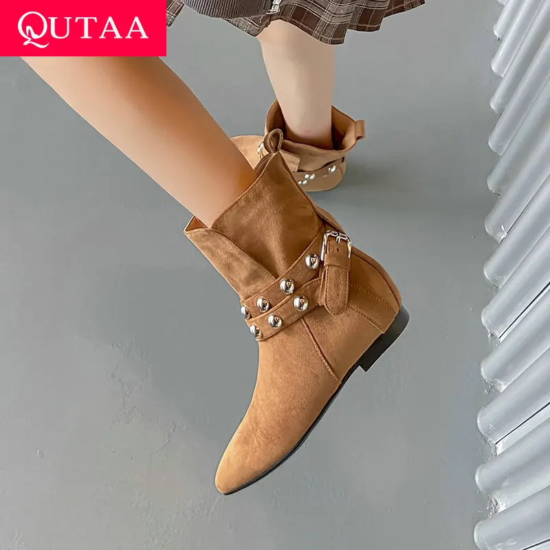 

QUTAA 2025 News Women Ankle Boots Leather Cowboy Autumn Short Boots Western Winter Shoes Low heel Woman Office Lady Size 34-43