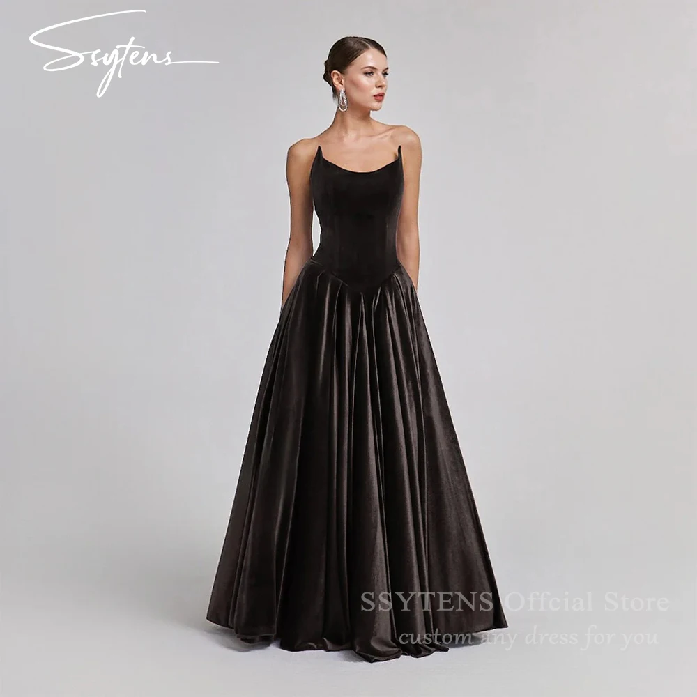 

SSYTENS Velvet Satin Evening Dresses Strapless A Line Formal Saudi Arabic Prom Party Dress Elegant Wedding Prom Gown Customized