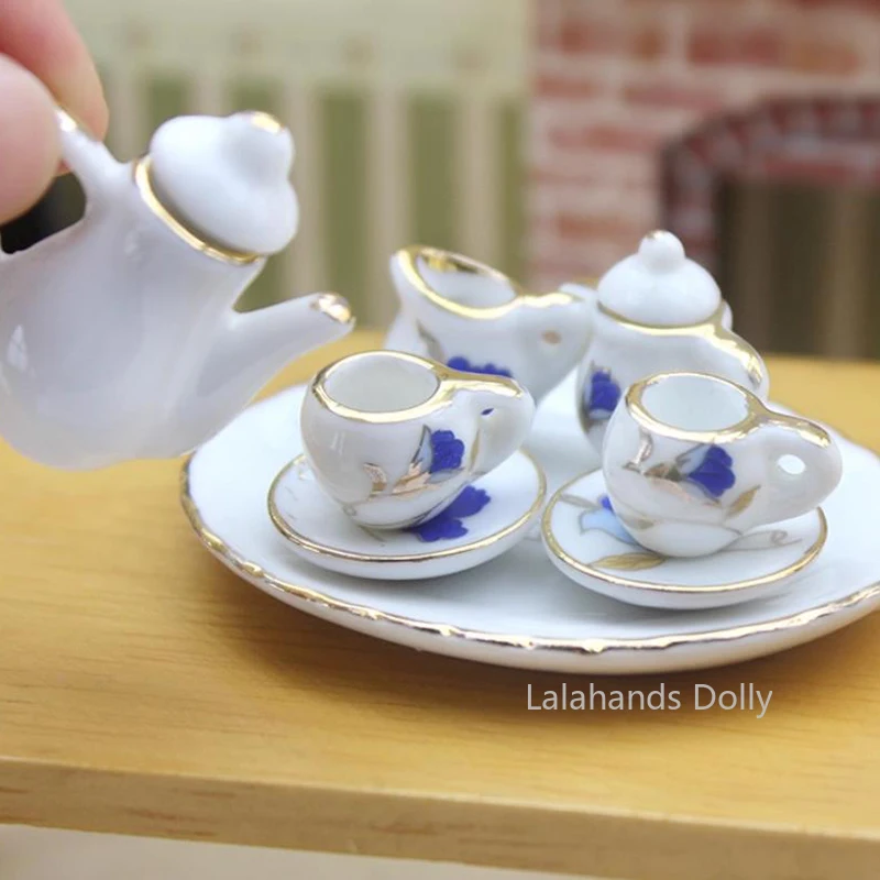 Mini set da tè in ceramica per casa delle bambole Tazza da tè Mini modello di scena di gioco con il cibo per la casa delle bambole Articoli da cucina in miniatura Accessori per mobili