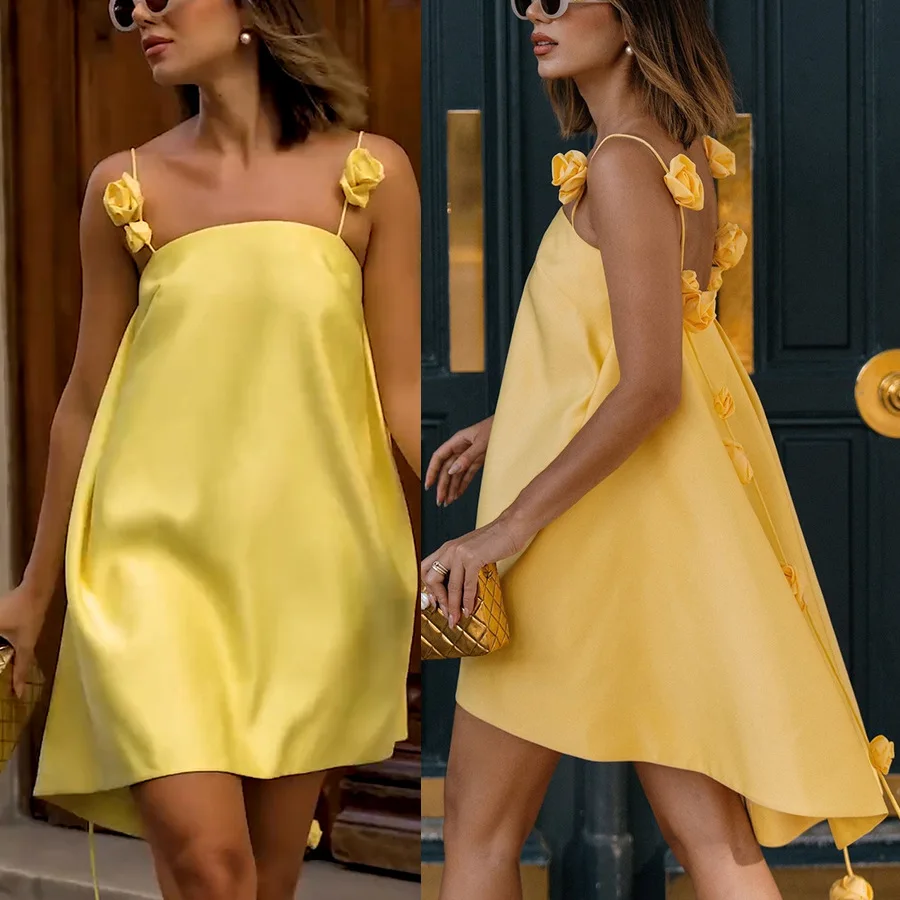 

Sexy 3D Floral Women's Short Dresses Elegant Loose Sleeveless Backless Party Mini Dress Female Summer Holiday Lady Beachwear2026