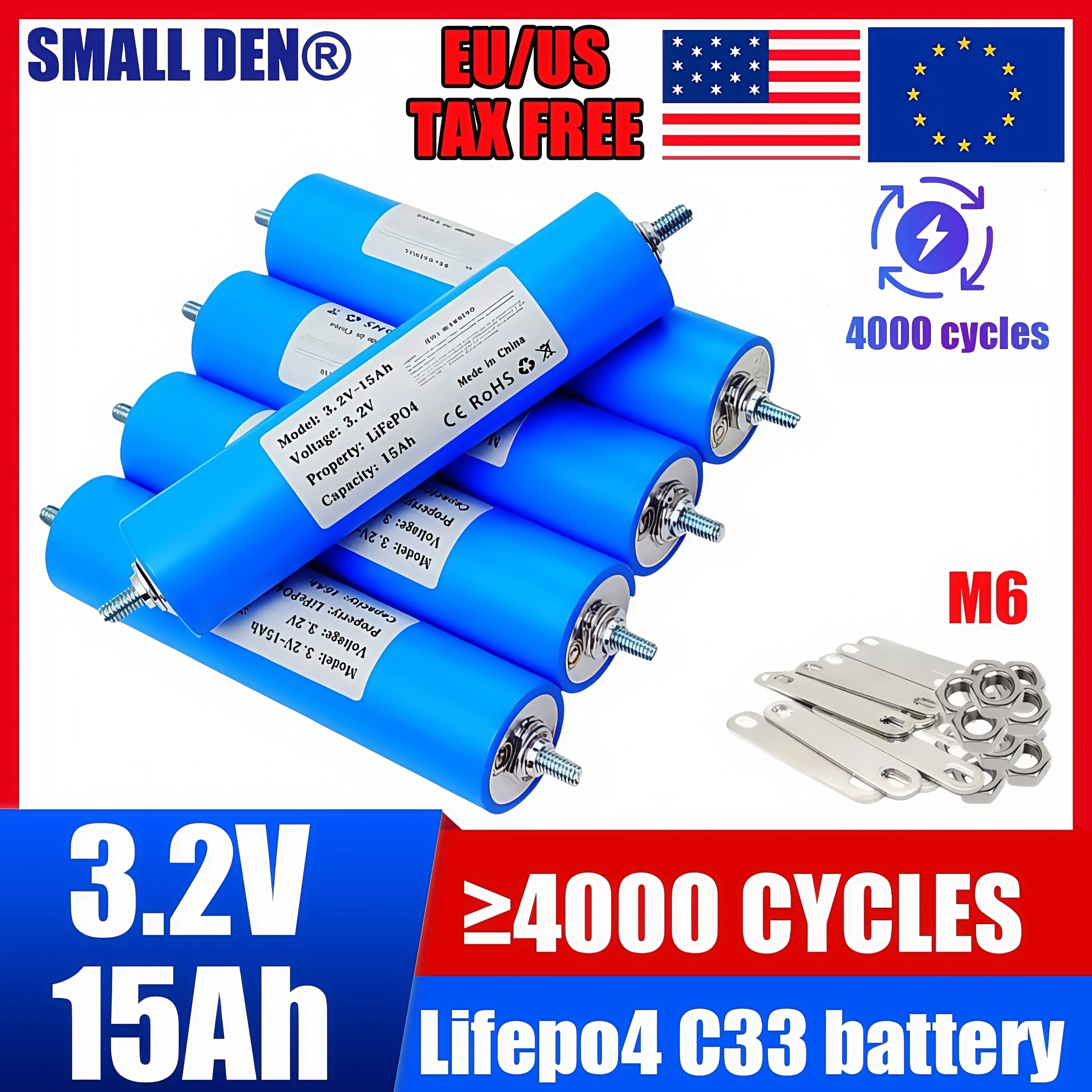 3.2V 15Ah LiFePO4 Battery C33 Lithium Phosphate Cell for 12V 24V 48V  motor Modification Inverter batteries Motorcycle Car