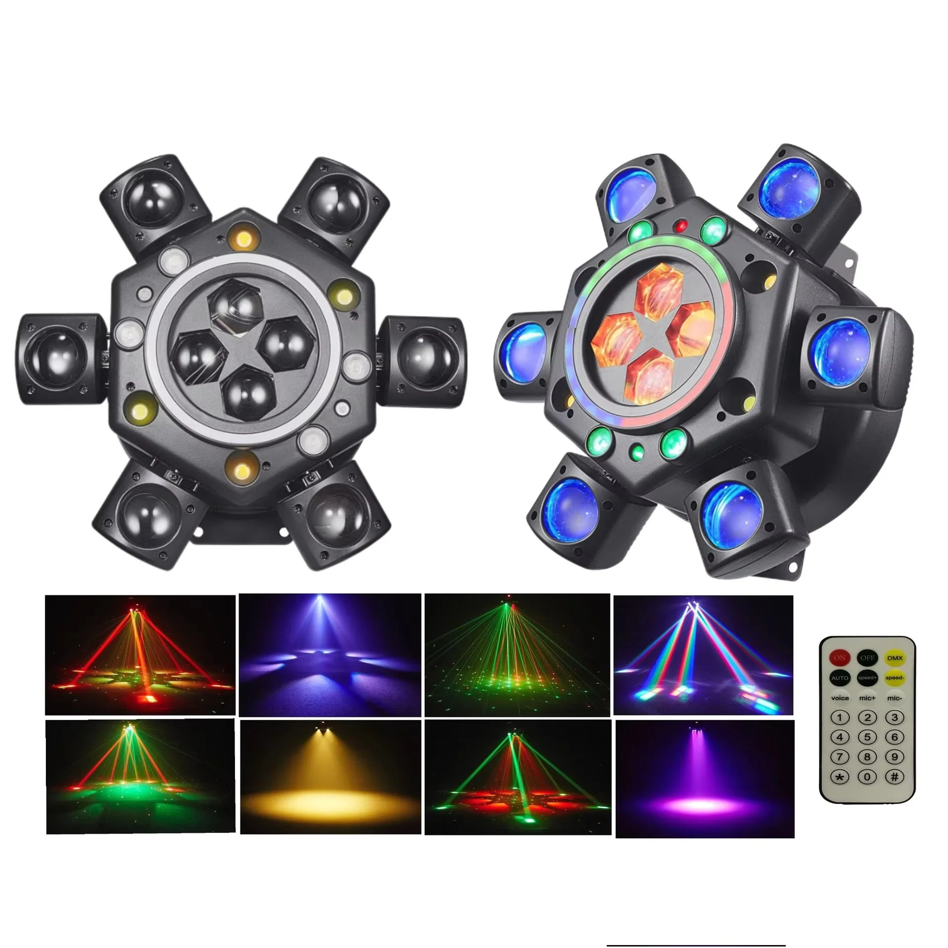6-arm 150W RGBW DMX512 LED Moving Head For Stage Lighting Strobe Bee-Eye Effect Sound Activated 540 ° Club DJ Party