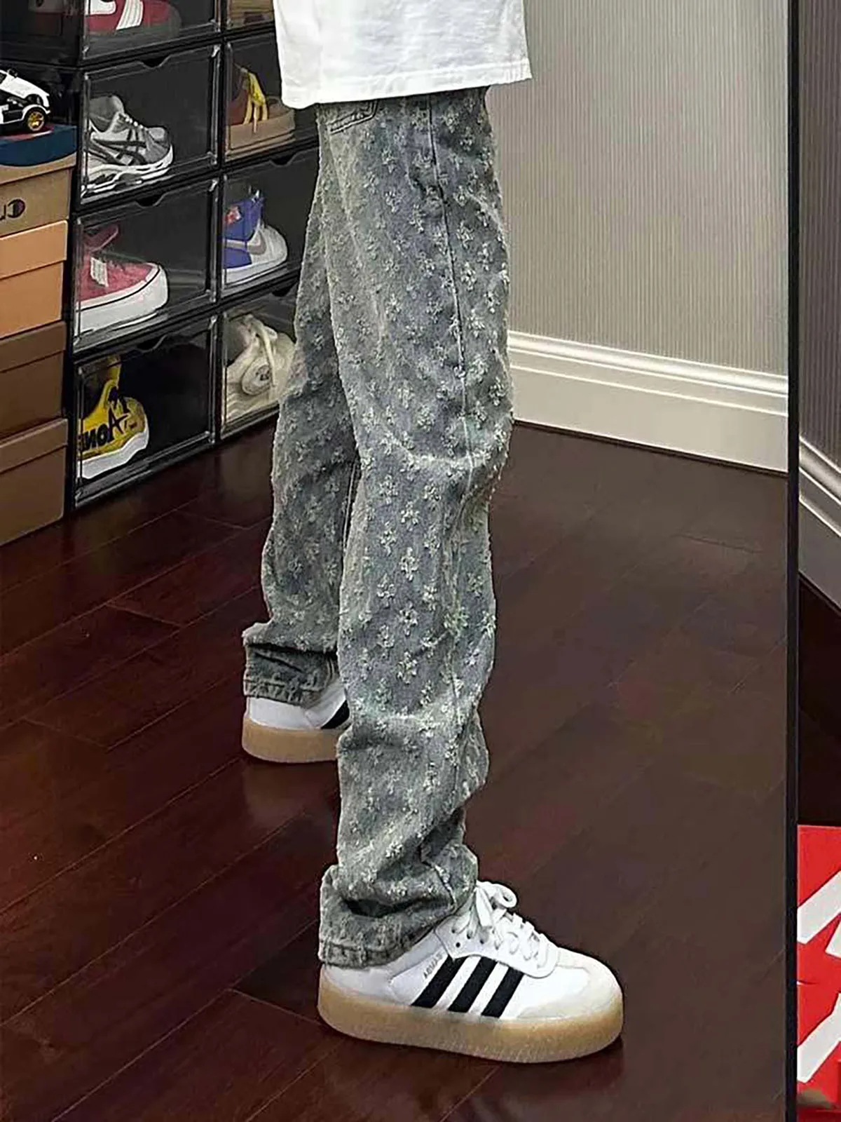 Trendy Straight Leg Denim Jeans Men's Handsome 2026 Spring Autumn High-End Vibe Floral Print Casual Loose Fit Jeans