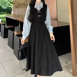 French Academy style fake two-piece dress women's 2024 spring/summer new loose waistband slimming and belly covering long skirt