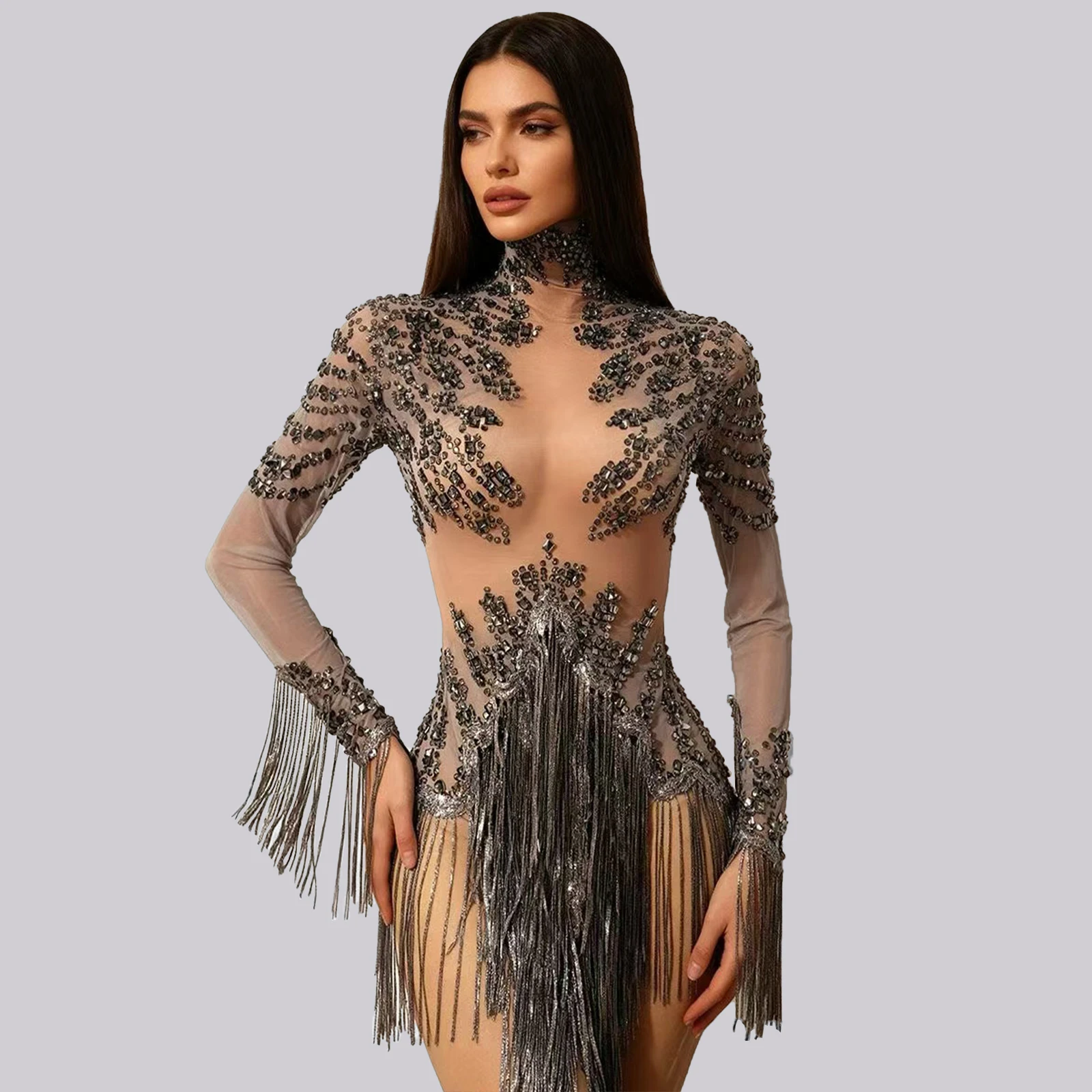 

Glitter Grey Crystal Dress Long Sleeves Sexy Mesh Tassels NightClub Jazz Stage Clothes Drag Queen Show Gogo Pole Dance Weare