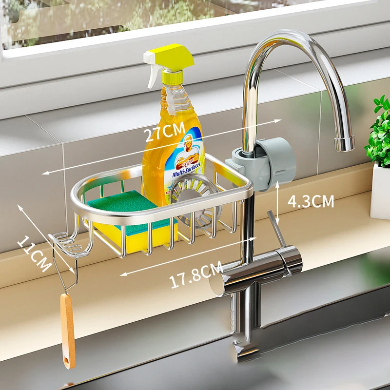 Estante de almacenamiento de aluminio para fregadero de cocina, soporte de drenaje de esponja, escurridor de grifo, cesta de estante, organizador de