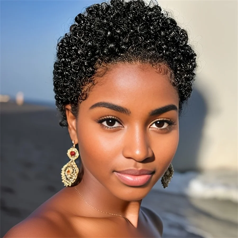 afro curly 150% density remy hair wig daily party use short pixie cut human hair wigs machine made 4 inch natural black color