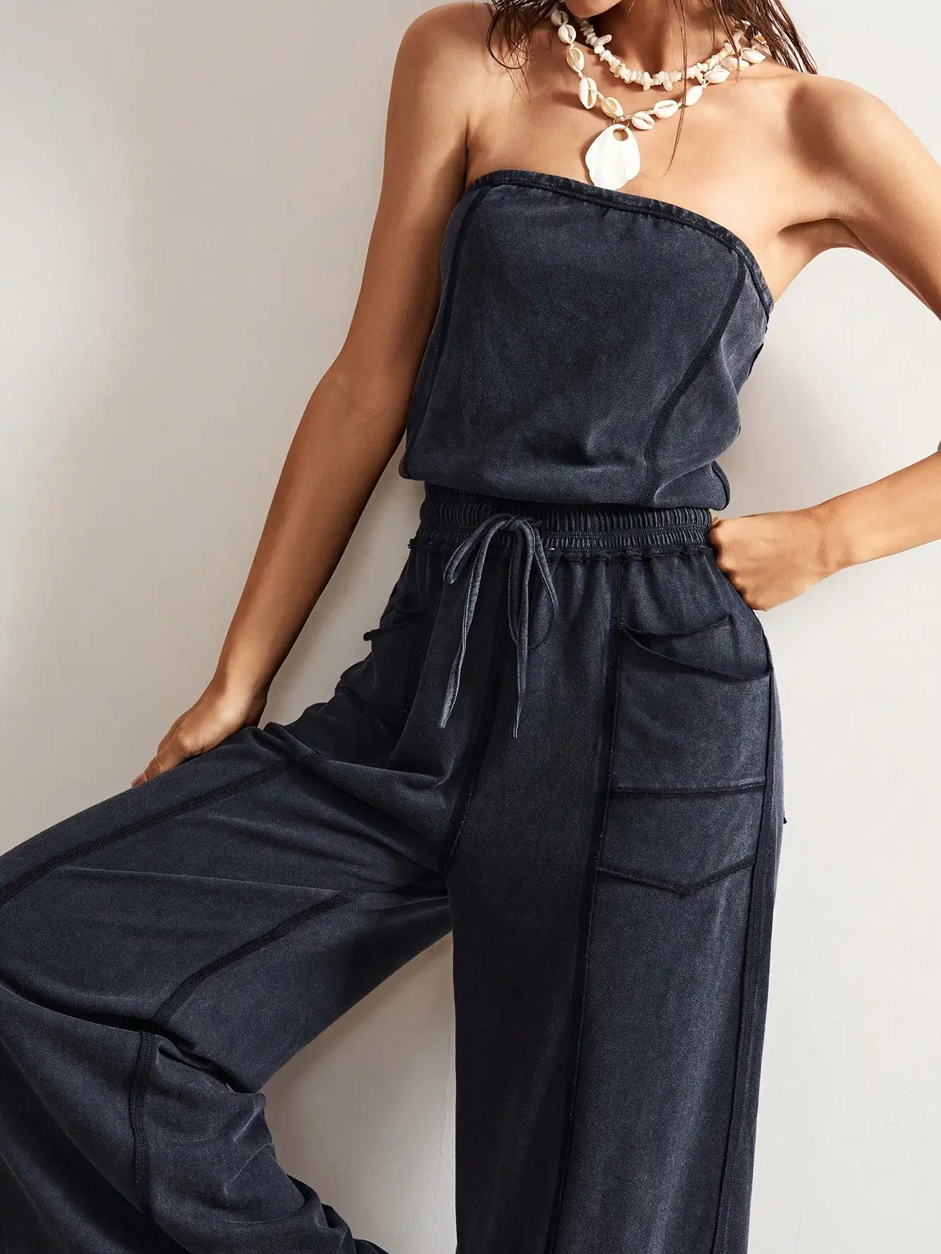Knit Drawstring Pocket Jumpsuit, Y2K Casual Summer, One-Piece Wide Leg Romper for Women