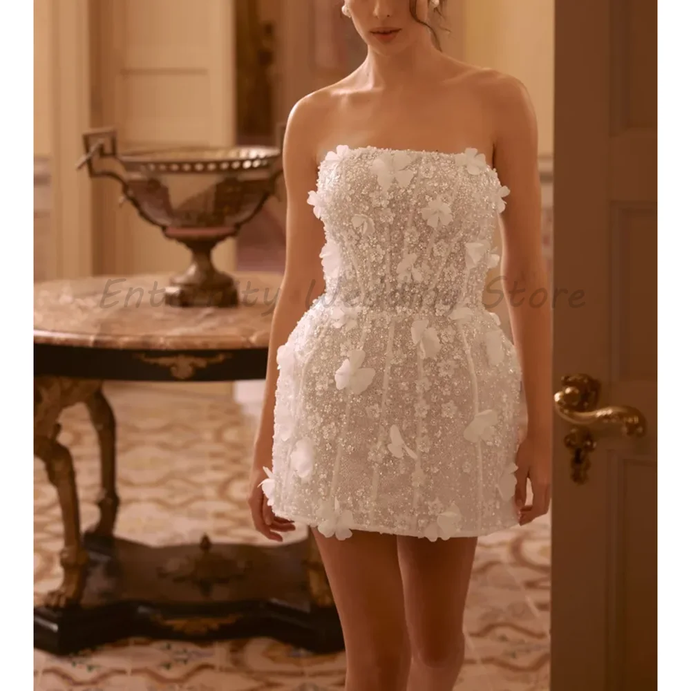 White Strapless Short Wedding Dress with Sequin Beaded Bodice & 3D Floral Appliqués A-Line Bridal Mini Gown