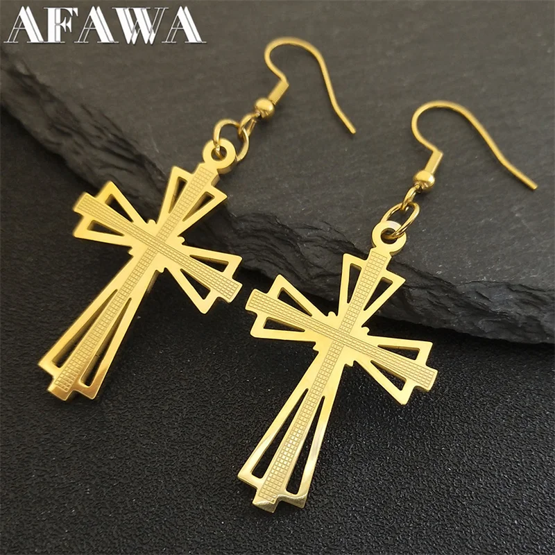 Catholicism Cross Stainless Steel Erring  Drops Gold Color Women Fashion Hollow  Girl Friend Jewelry boucle oreille E6062S02