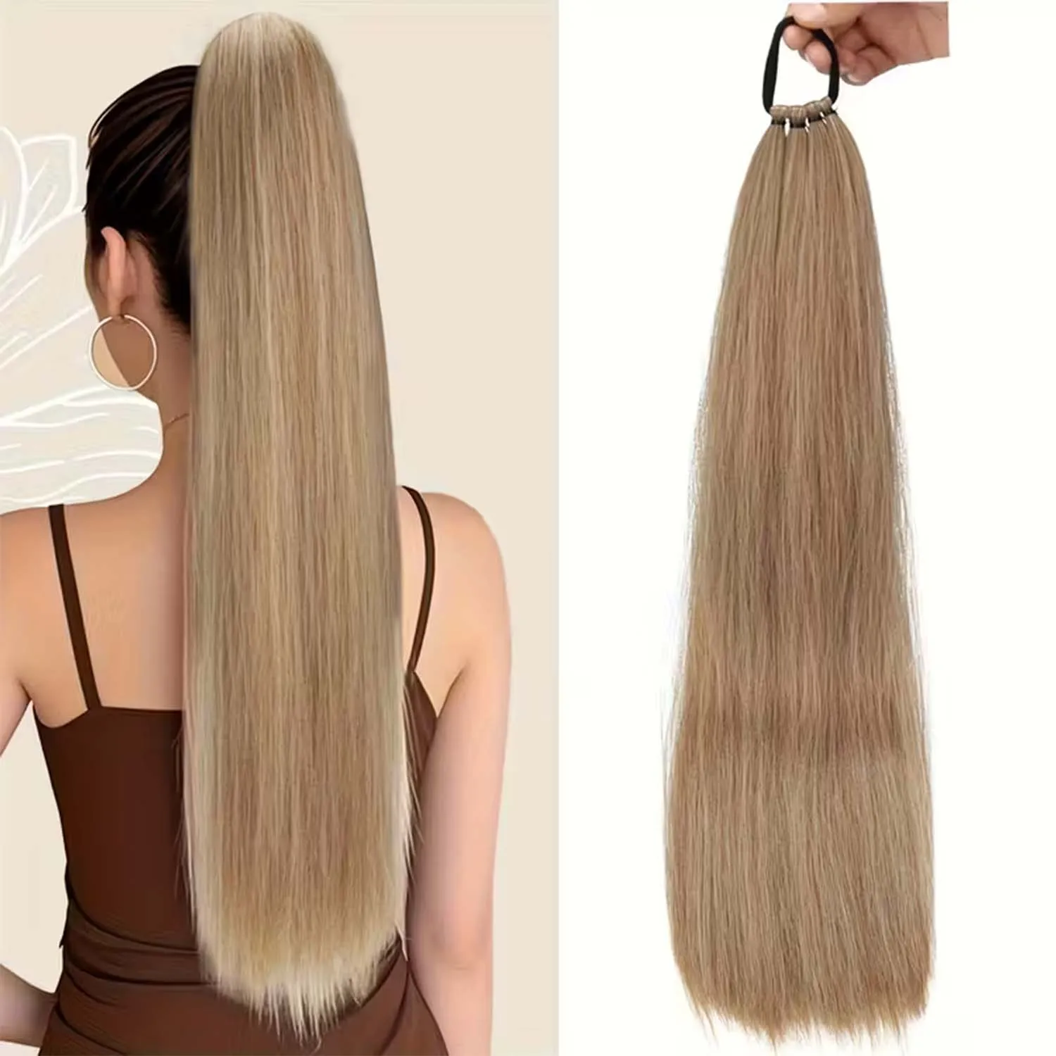 Synthetic Long Straight Ponytail Hair With Elasticity Rubber Band 24Inch Mixed Blonde Brown Pony Tail Hair Extensions For Women