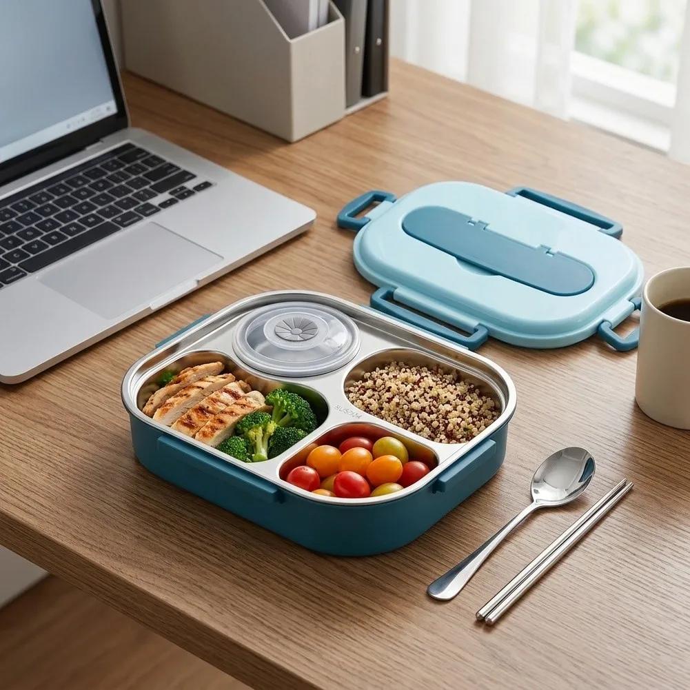 4 Compartment Stainless Steel Food Box with Tight Fit Lid Leakproof Construction for Daily Lunch Storage Needs