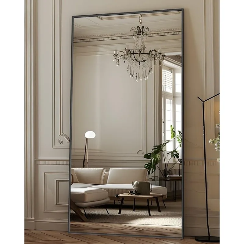 Miroir de sol pleine longueur avec support, grand miroir mural arqué, aéré, alliage d'aluminium, 71 po × 28 po