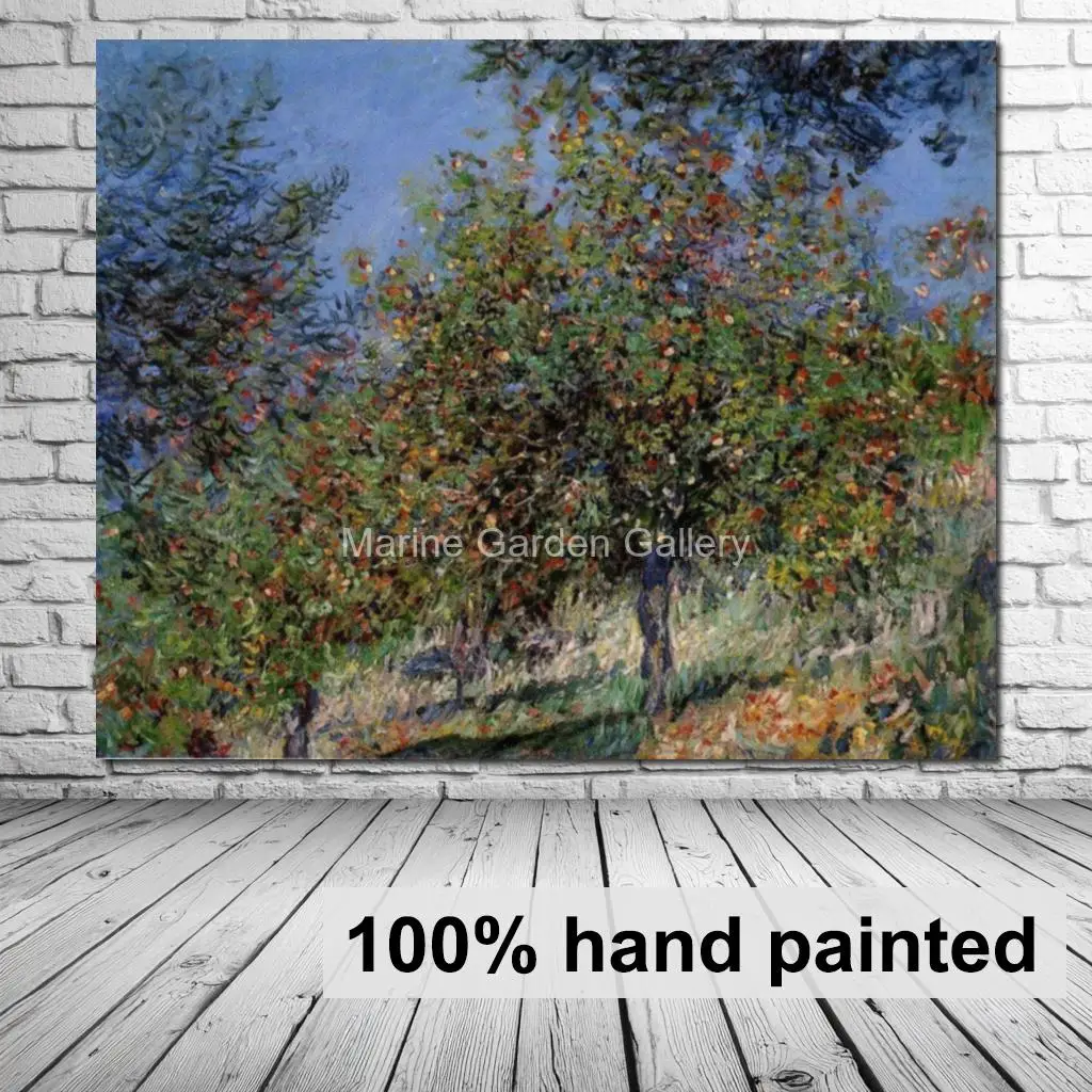 Claude Monet Art Apple Trees Chantemesle Hill Classic Handmade Textured Canvas Painting for Hallway Bathroom Wall Decor