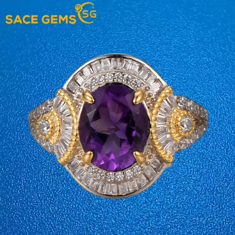 

SACE GEMS New 925 Sterling Silver Resizable Luxury Natual Amethyst Rings for Women Engagement Cocktail Party Fine Jewelry Gift