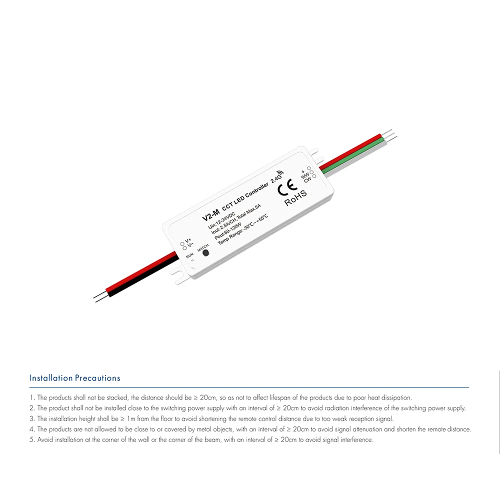 Skydance V2-M DC12-24V Mini 2.4GHzRF 2.5A 2CH CCT Constant Voltage ColorTemperature LED Controller For Dual Color LED Strip