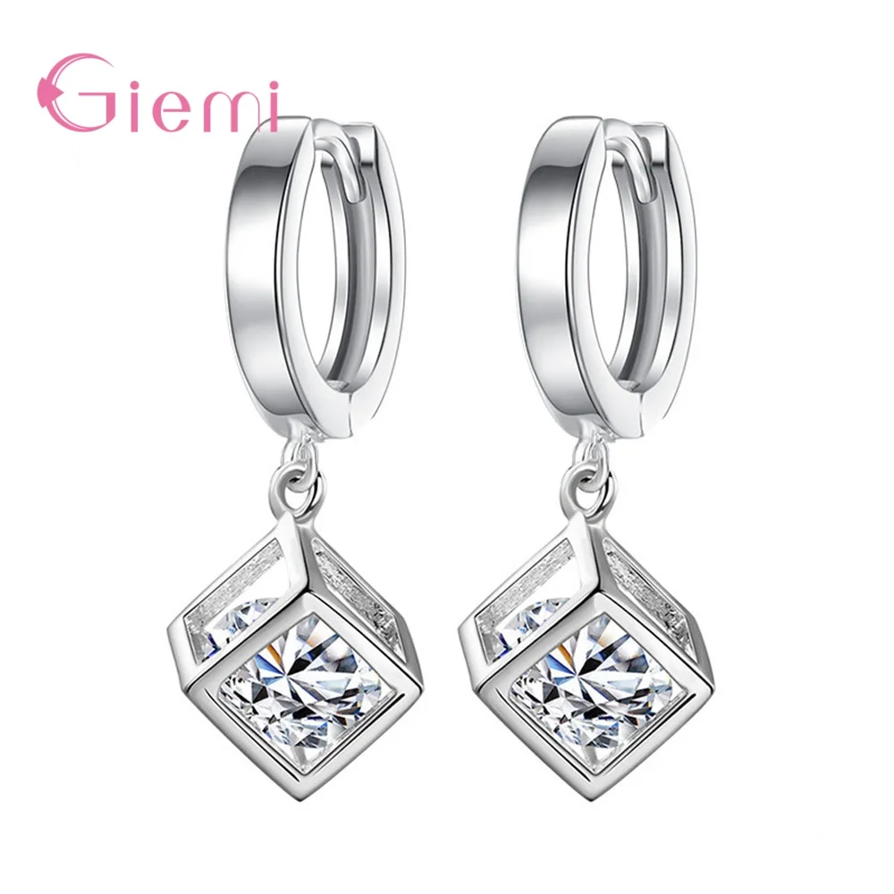 Personality Creative 925 Sterling Silver Cube Jewelry Sets Cubic Zircon Suqare Pendant Necklace Dangle Earrings for Women
