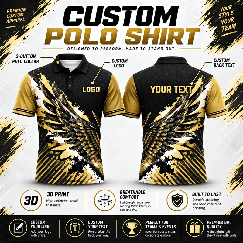 Custom Eagle Wing Polo Shirt Personalized Logo Back Text 3D Print Quick Dry Top for Men Women Streetwear Holiday Casual Outfit