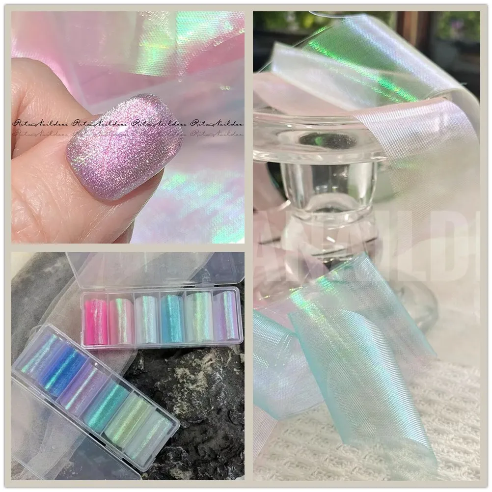 6 Rollen Meerjungfrau Stoff Serie Nagel für holo graphische Gradienten Schieber nicht klebende Nägel Wraps Seide Auroral Nail Art Decora