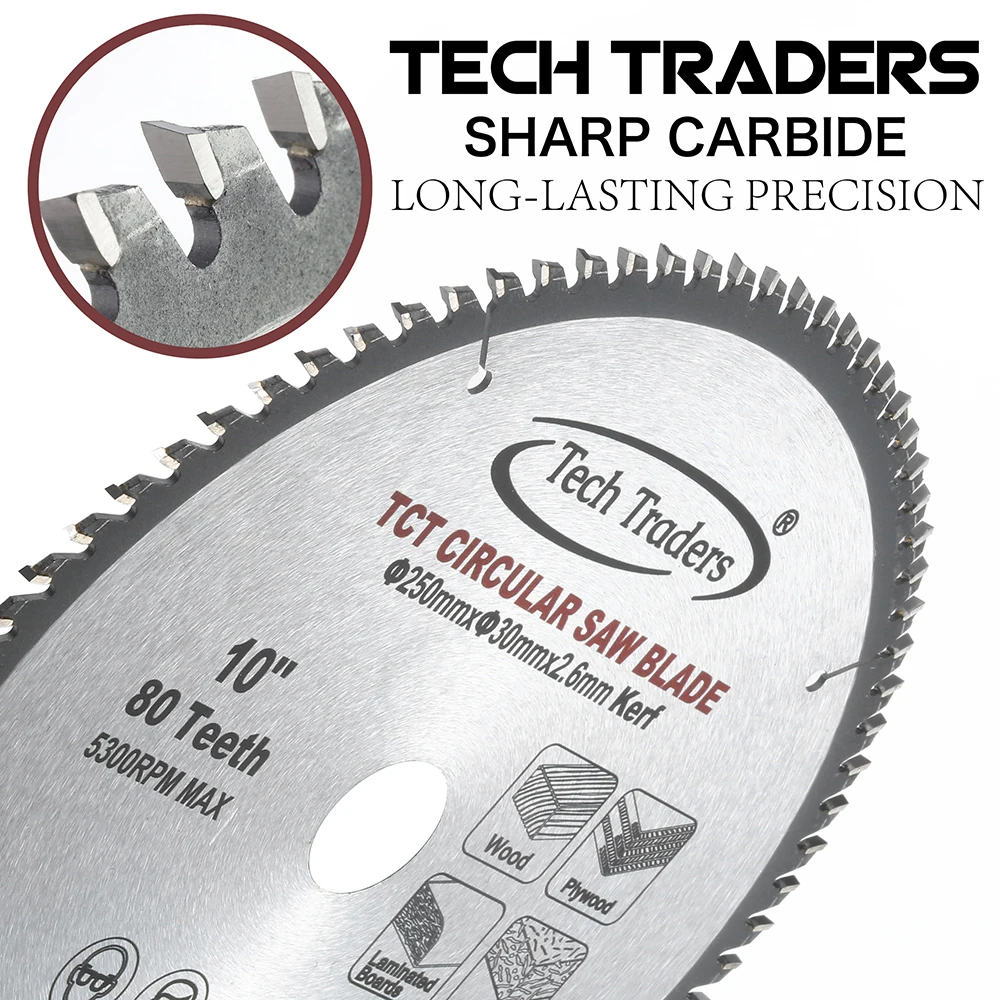 10-Inch TCT Circular Ultra-Fine Finish Professional Woodworking Saw Blade 250mm x 80T x 30mm Bore for Miter Saws and Table Saws