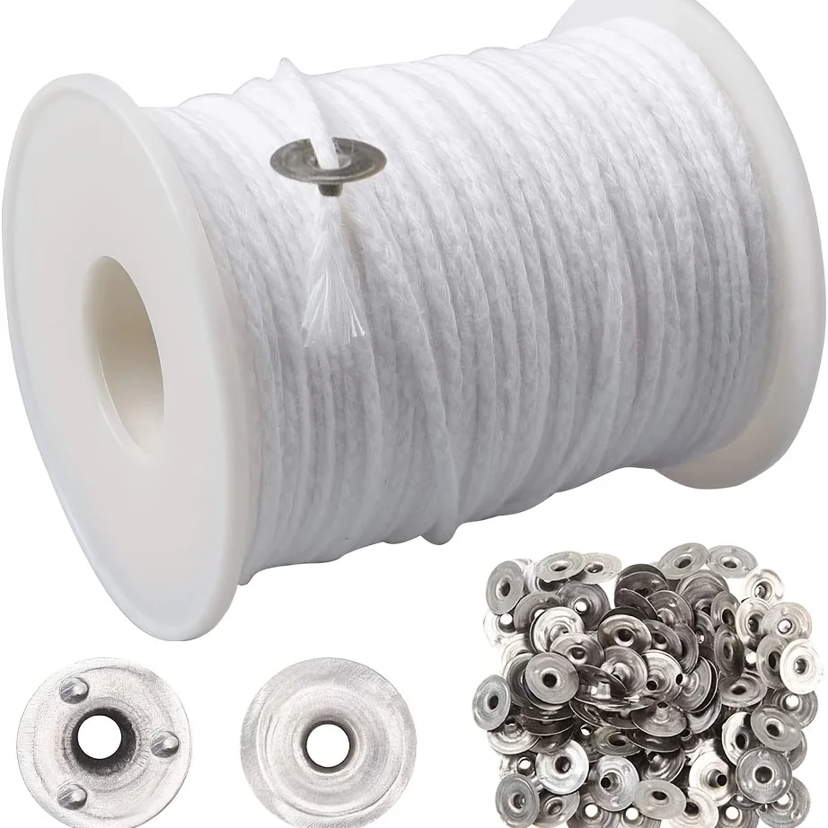 1 rotolo di stoppini di cotone per candele + 100 pezzi di linguette di sostegno per stoppino per candele in metallo per candele fatte a mano, kit di creazione artigianale fai da te, set di accessori