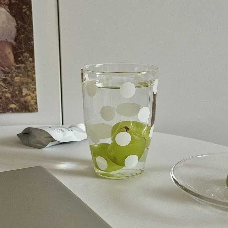 White Polka Dot Glass Cup Glass Cute Water Cup Transparent Cartoon Doodle Coffee Mug Friends Fruit Tea Lemonade Girls Latte Gift