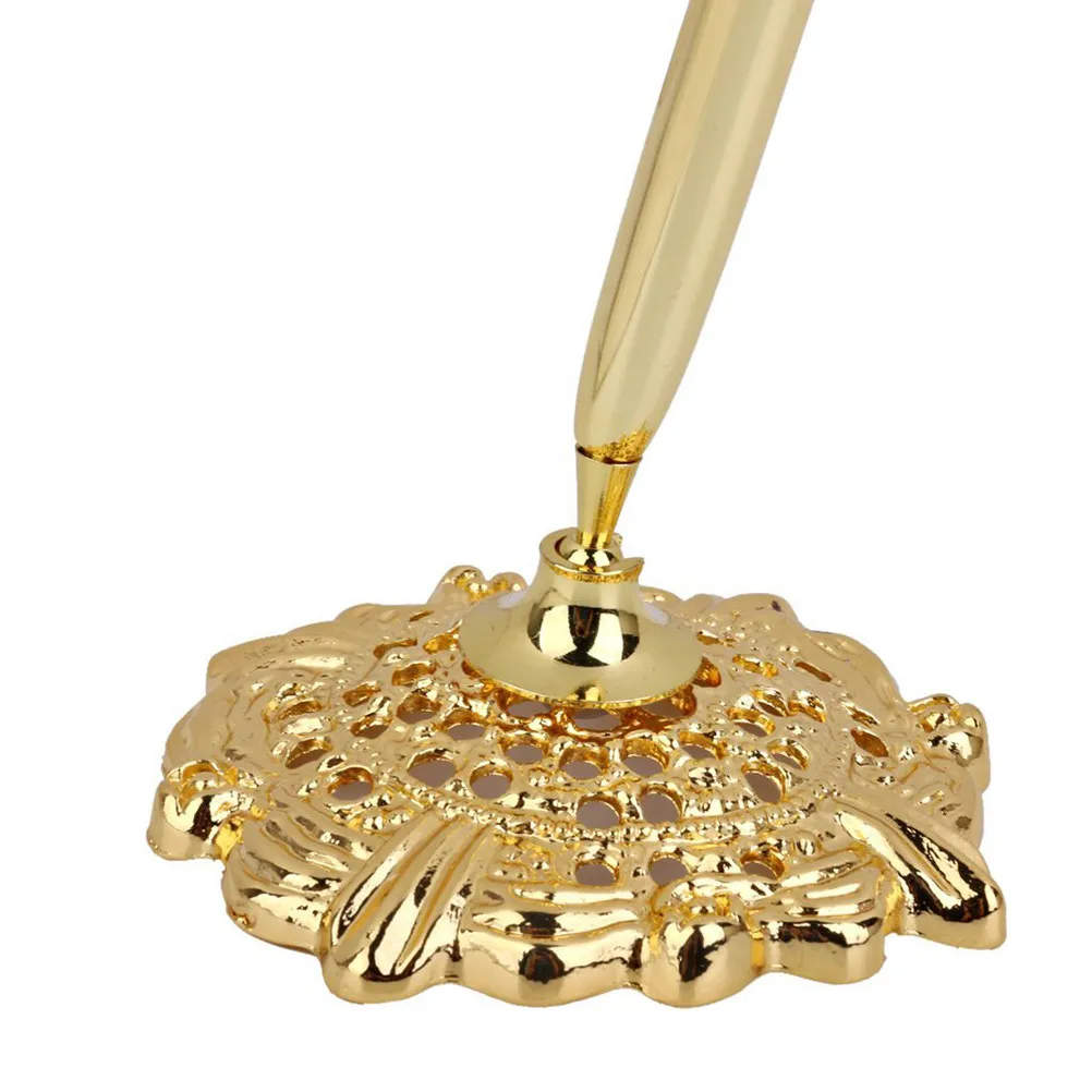 

Golden Alloy Signing Pen 16Cm with Hollow Round Rotating Base 360 Degree Turn for Wedding Bridal Engagement Guest Book Ceremony
