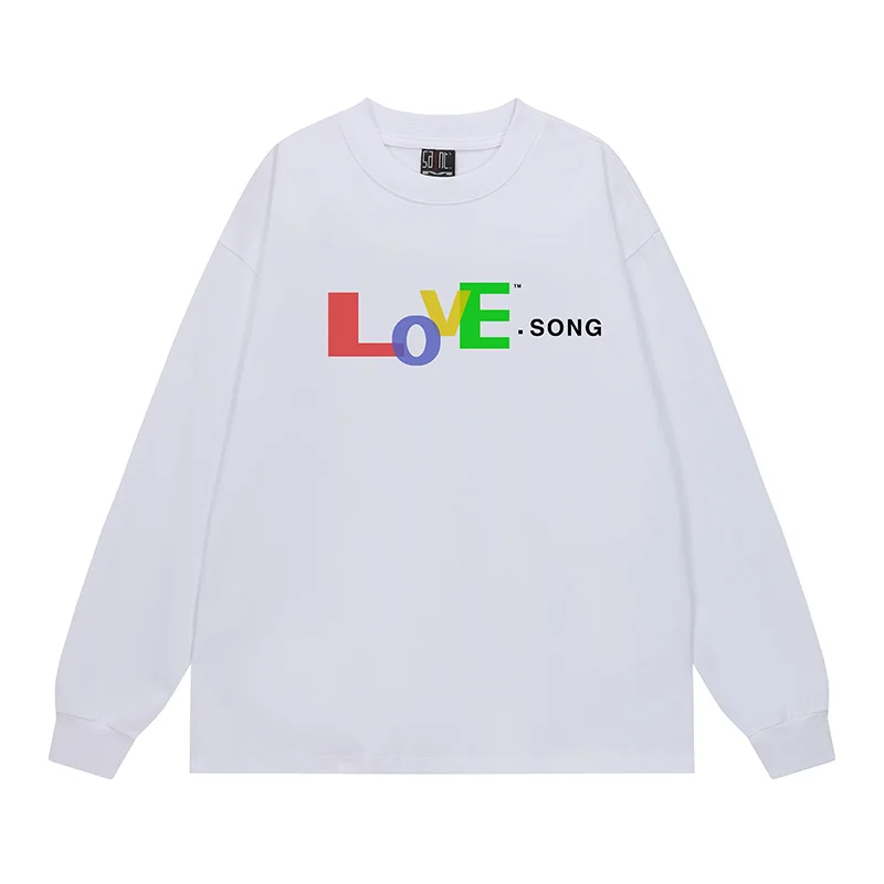 الرجال النساء زوجين الملونة رسالة شعار الحب سونغ سانت بأكمام طويلة تي شيرت أعلى جودة القطن فضفاض المحملة ربيع الخريف تي شيرت