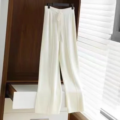 Pantalones de mujer de longitud completa, pantalones de punto con cintura elástica, cintura alta, pierna ancha, pantalones elásticos cálidos para