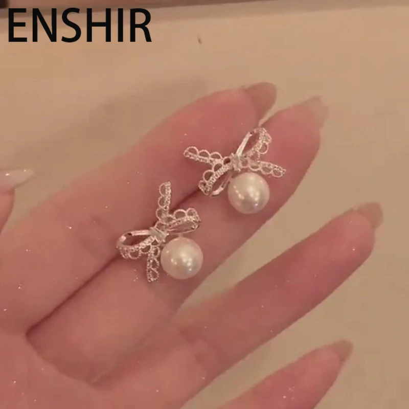ENSHIR Bowknot Pearl Pendant Stud Earrings For Women French Temperament Sweet Korean Elegant Jewelry Gifts Wholesale