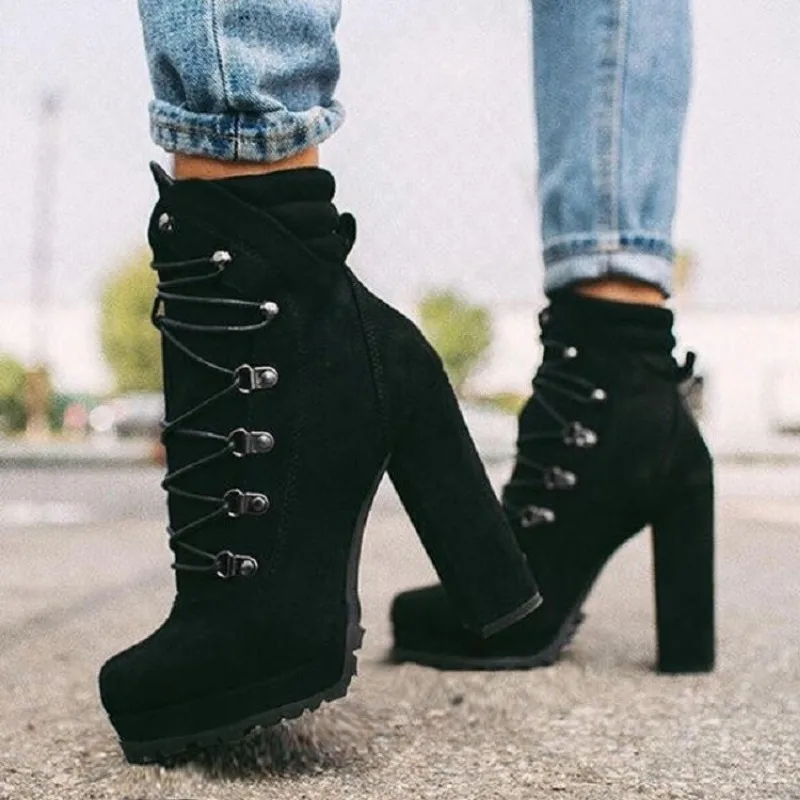 2024 Autumn Winter Fashion Platform Mid Calf Women Boots High Heels Lace Up Rivet Ankle Boot Suede Round Toe Ladies Chunky Shoes