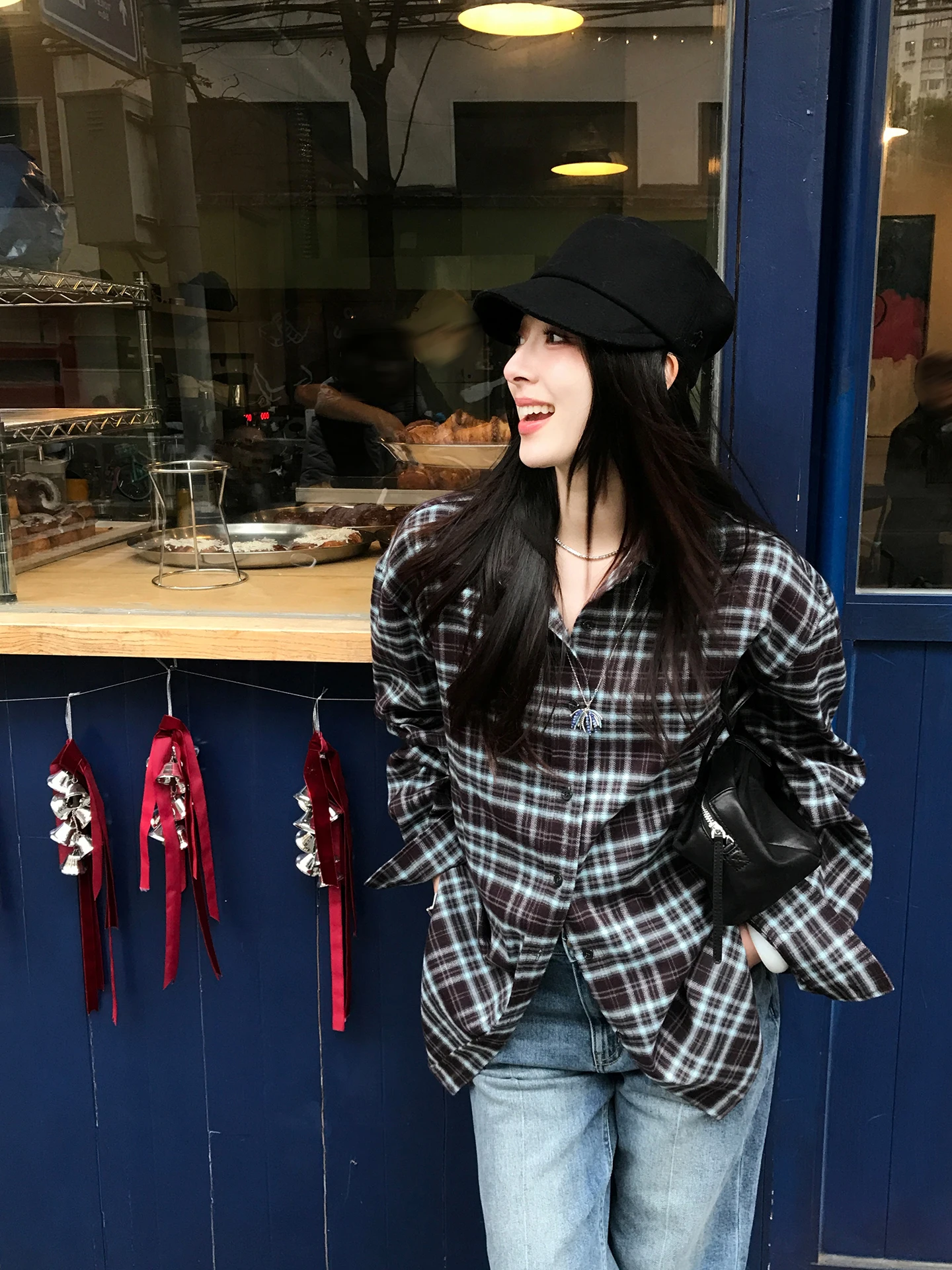 

Aboutpoem Vintage Blue Plaid Brued irt Women's Loose oulder Sve Classic Collar id Top Polyester Fiber Long Sve