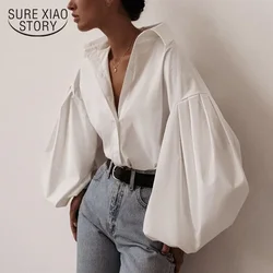 New Lantern Sleeve Elegant Shirt White Black Sexy Button Vintage Blouse Turn Down Collar Office Ladies Shirt Female Casual 10903