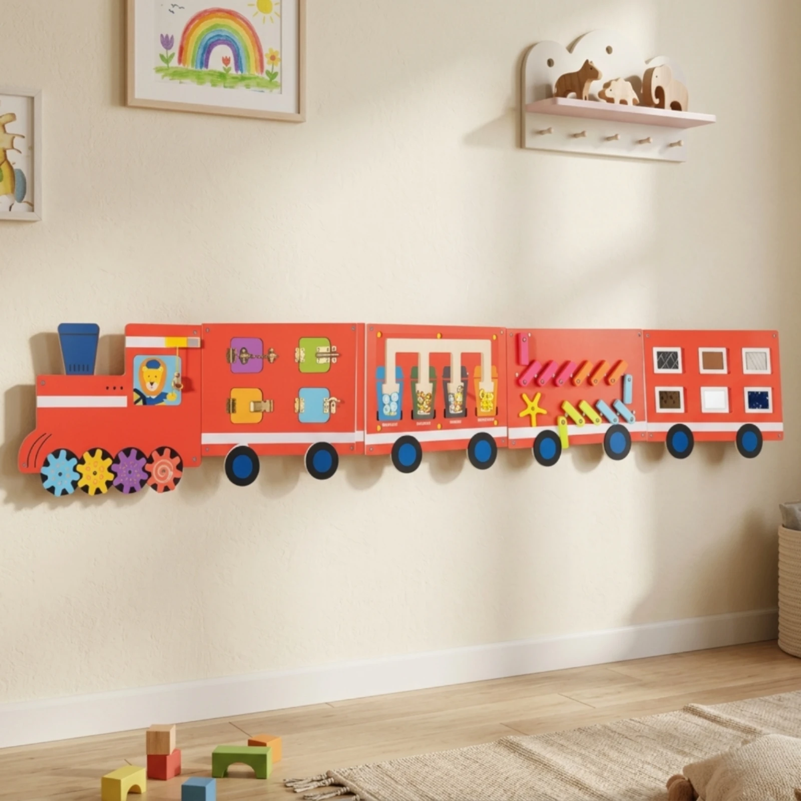 Children's Train Activity Board Hand-Eye Coordination Train Wall Busy Board Wooden Sensory Wall Panel Solid Wood