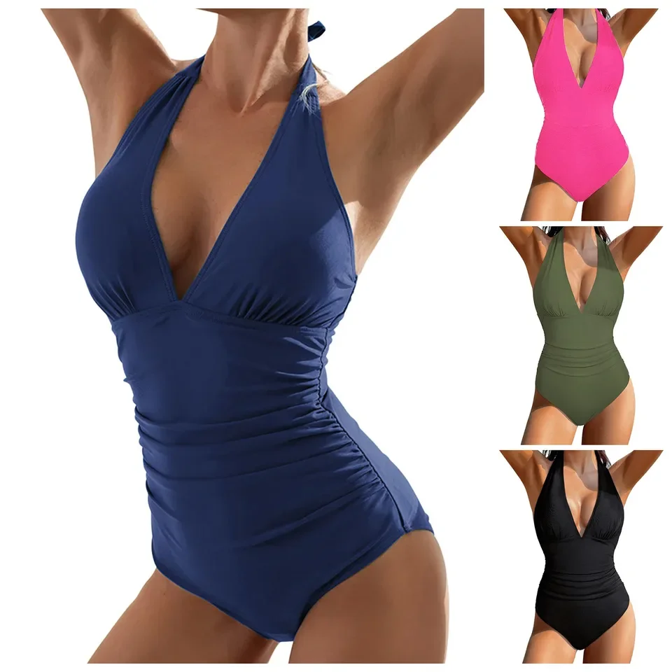 Costume da bagno intero da donna con scollo a V Costume da bagno intero con scollo all'americana e volant senza schienale Costume da bagno sexy perizoma imbottito