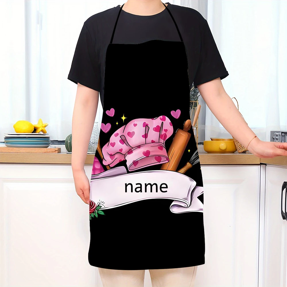 Custom Name Text Personalized Apron Pink Chef Theme with Kitchen Utensils, Hearts & Stars Print Cooking Accessory Aprons