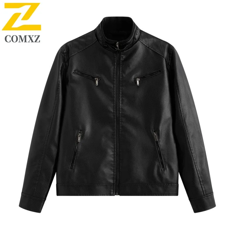 

COMXZ Casual Motorcycle Leather Jacket Men Stand Collar American Style Lightweight Coat Travel Windproof Durable Autumn Clothing