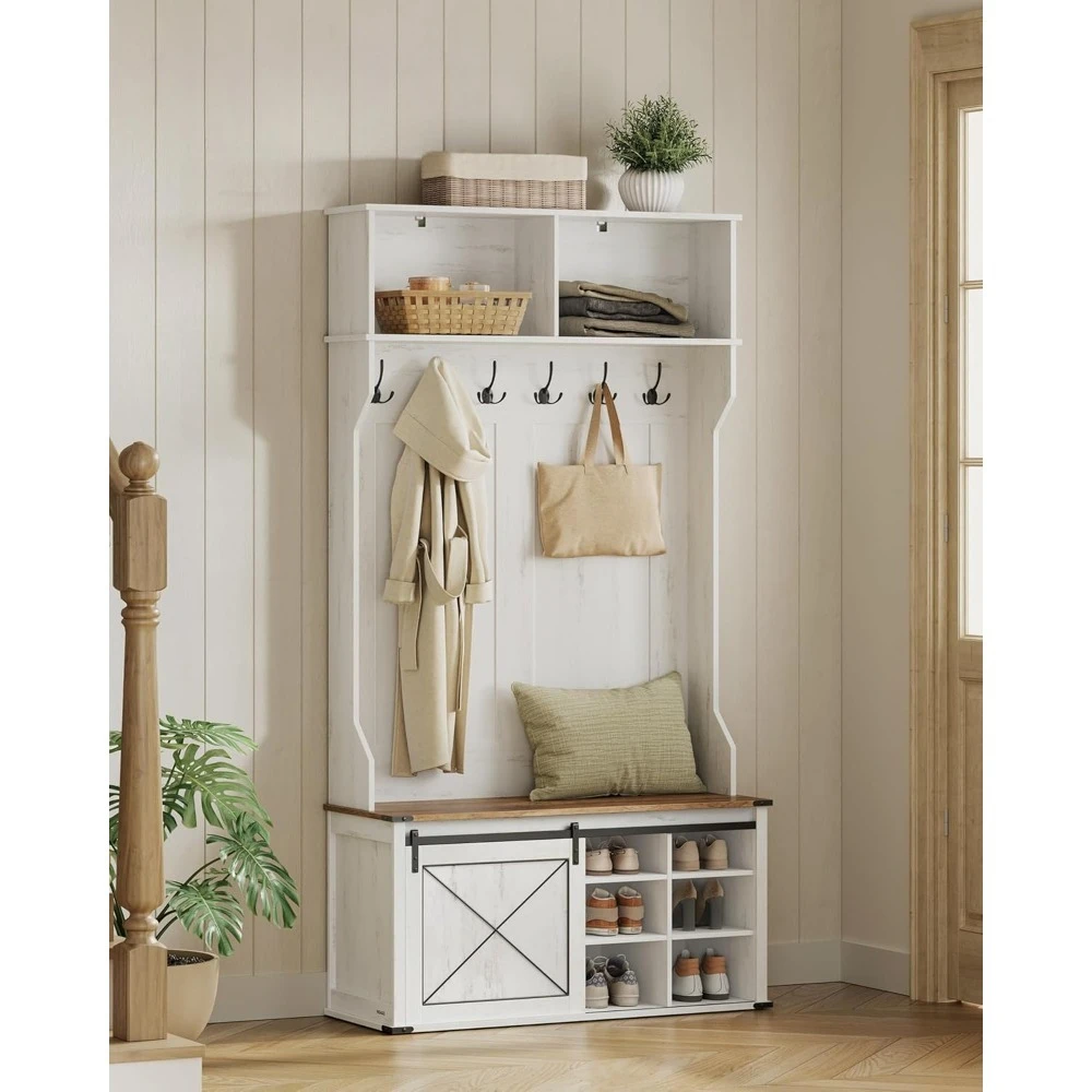 

Shoe Cabinet, with Bench Coat Rack with Shoes Bench, Entryway Furniture, 6 Tri-Hooks, Sliding Door, Space Saving, Shoe Cabinet