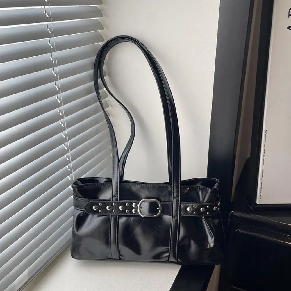 Vintage Motorrad-Gürtelschnallen-Schultertasche für Damen, europäische Retro-PU-Leder-Unterarmtasche, modische Handtasche für Büro und Pendeln – Detail 19