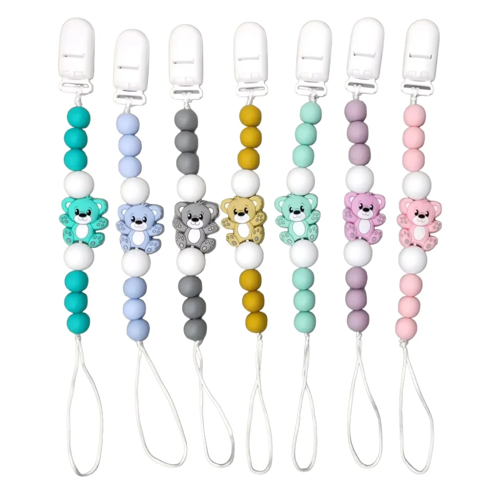 

Белые зажимы для соски с силиконовыми фокальными бусинами в виде медведя, держатель для детской пустышки «сделай сам», игрушки для прорезывания зубов для младенцев