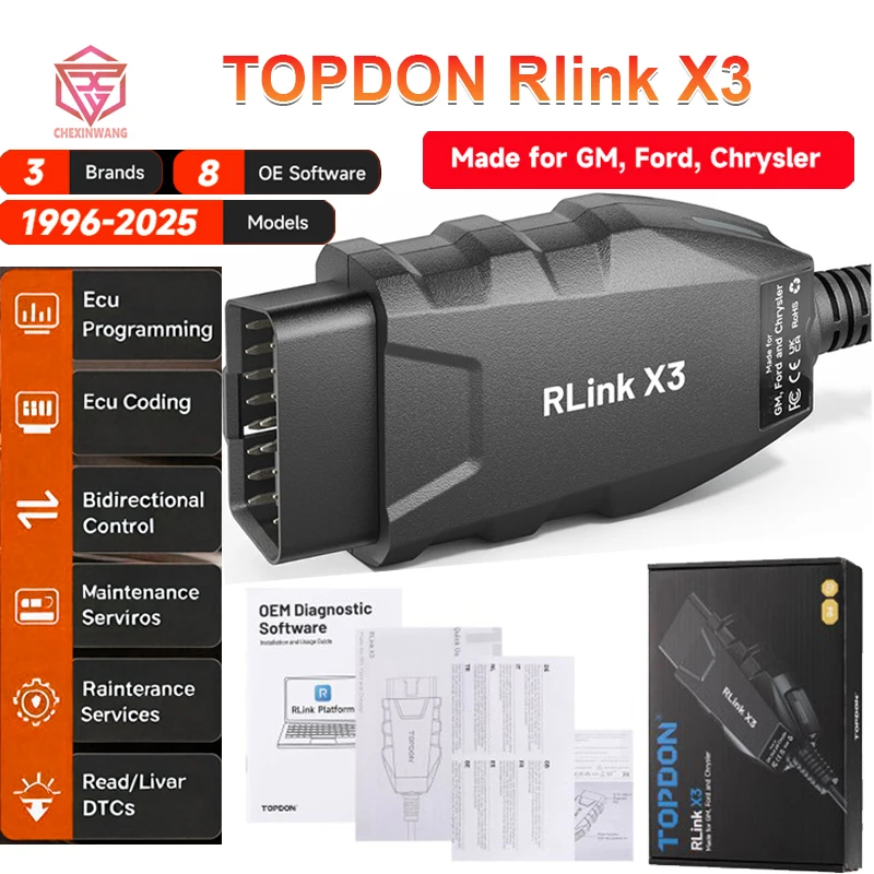 TOPDON Rlink X3 OBD2 Adapter J2534 Interface ​2-in-1 USB Port for Ford/GM/Chrysler Programmer Diagnostic Tool