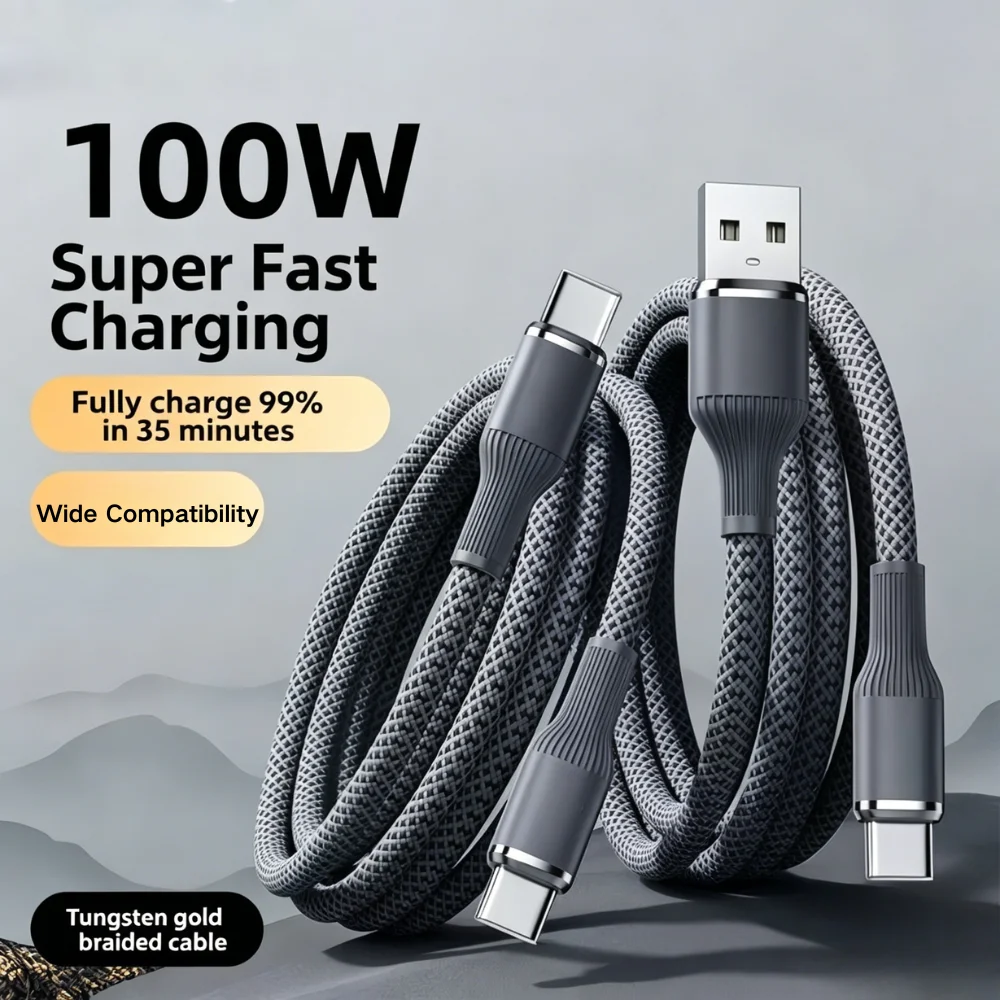 100W Fast Charging USB Type-C Data Cable, Braided Nylon Type-C to Type-C Charging Cable, Suitable for IOS and Android Devices