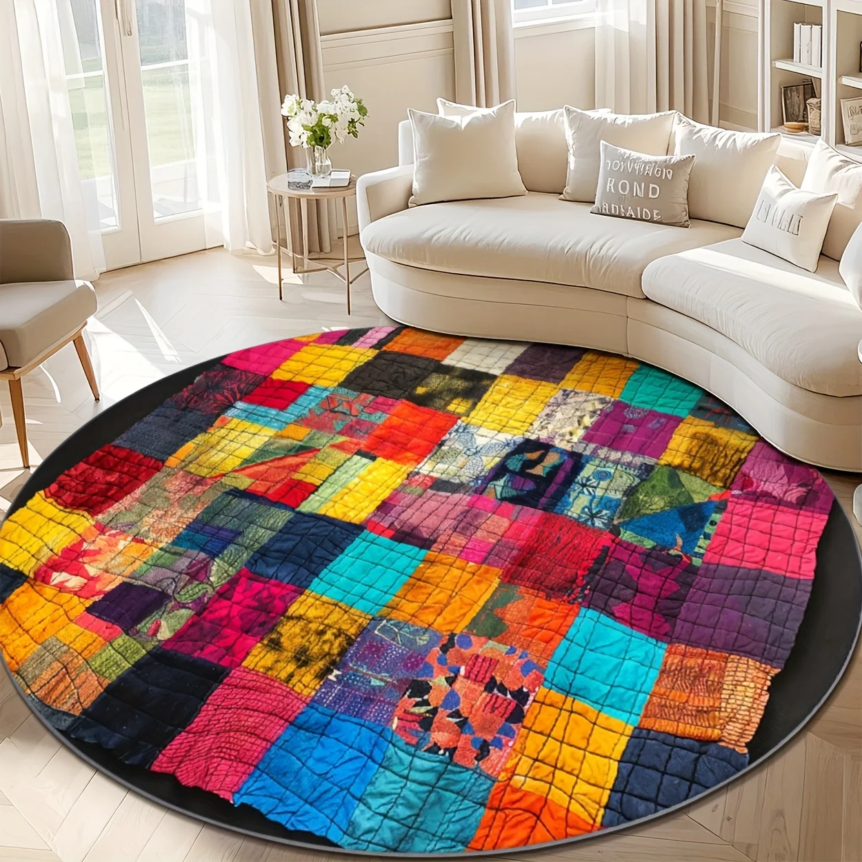 Rug Vintage Color Splice Non Slip Round for Household Bedroom Living Room Nice Indoor Home Ornament Carpet