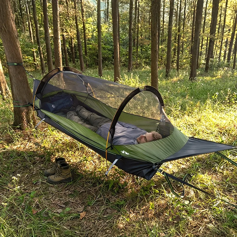 Night Cat Flat Lay Hammock Tent with Mosquito Net Sleeping Air Pad and Waterproof Rainfly for 1 Person Backpacking Hiking Camping Lightweight 330LBS 87x28x19in image 7