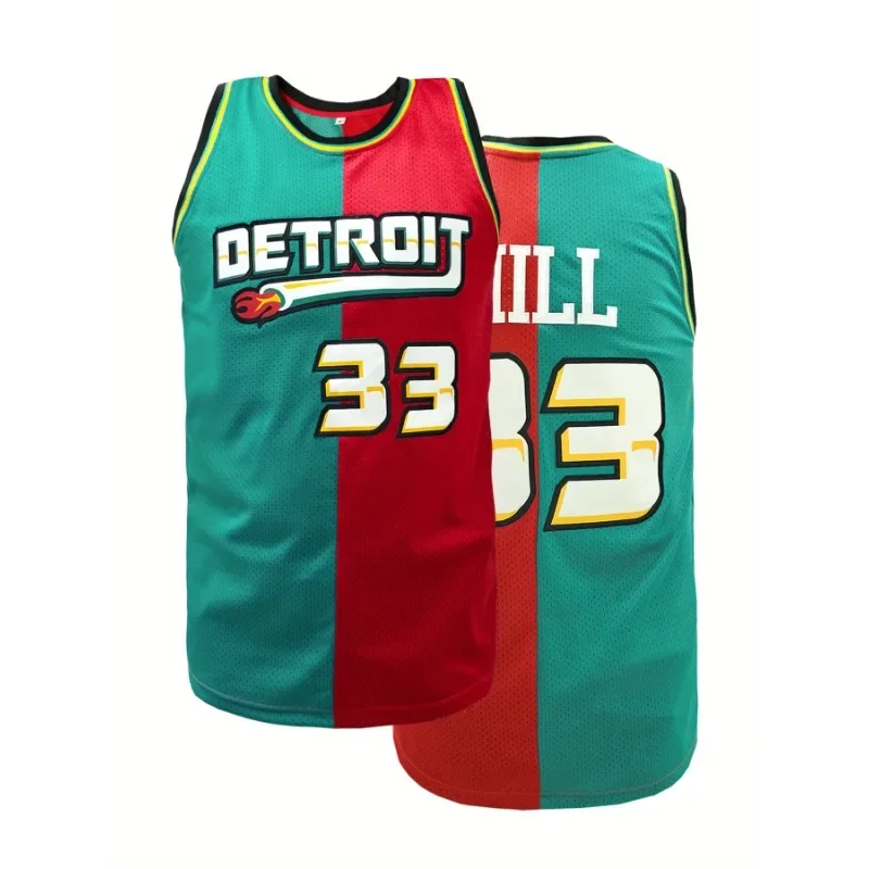 

Men's Detroit Basketball Jersey #33 Color Block Green & Red Sleeveless Breathable Mesh Sports Uniform Casual Athletic Wear