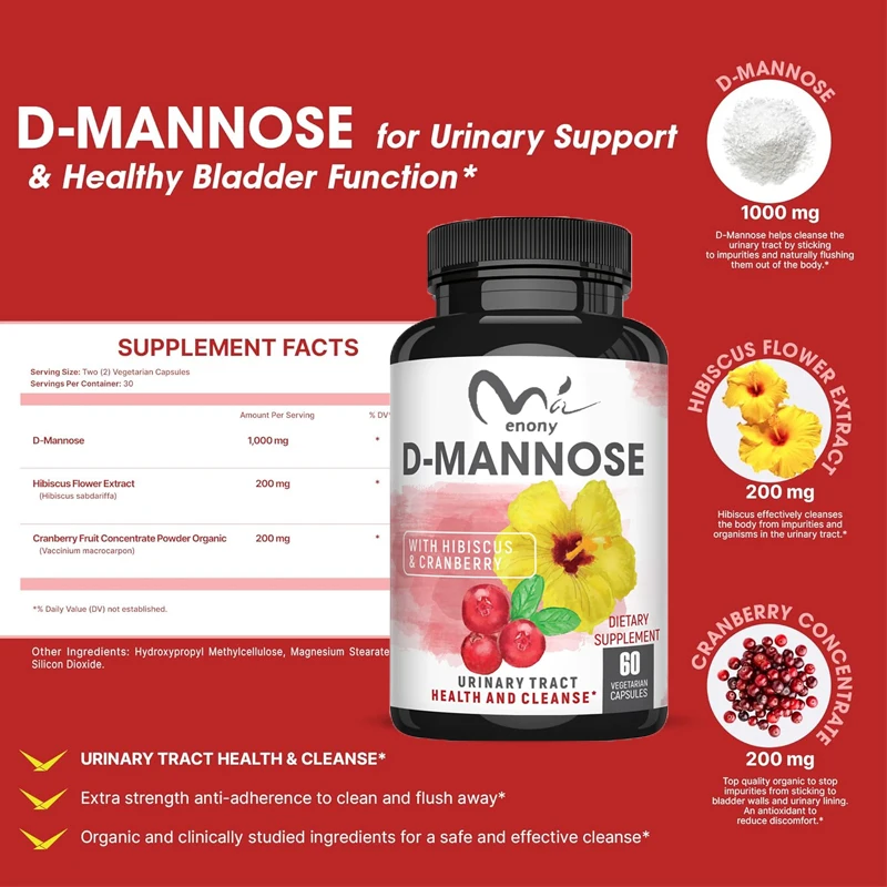 D-mannose organic cranberry powder and hibiscus. Natural cleaning, quick detoxification and rinsing, 60 capsules